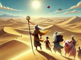 Sun Wukong and his companions crossing a vast desert under the scorching sun in Journey to the West Chapter 62.