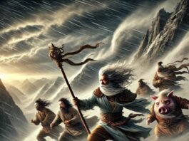 Sun Wukong and his companions battling fierce winds in a mountainous region in Journey to the West Chapter 9.